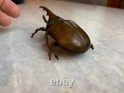 Antique Finely Cast Japanese Rhino Rhinoceros Beetle Netsuke Brass Okimono