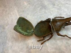 Antique Finely Cast Japanese Rhino Rhinoceros Beetle Netsuke Brass Okimono