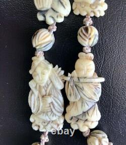 Antique Hand Carved Bone Asian Japanese Figural Necklace Choker 18in