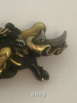 Antique Japanese 18ct Gold Mounted Shakudo Menuki Of Samurai On Horseback