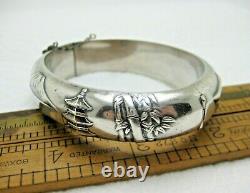 Antique Japanese 950 Fine Silver Figural Hinged Bangle Travel