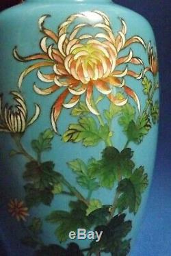 Antique Japanese Cloisonne 6 Chrysanthemums Vase Meiji Silver Wires Fine Shape