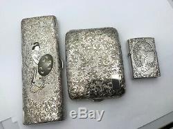Antique Japanese Fine 950 Sterling Silver 2 Cigarette Case Holders & Lighter Lot