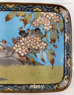 Antique Japanese Fine Cloisonne Enamel Tray Mt Fuji Bird Flowers As Is