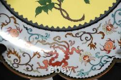 Antique Japanese Fine Cloisonne Lobed Rim Plate Meiji Period Dragon & Peony 11.7