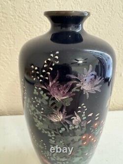 Antique Japanese Fine Deep Navy Blue Cloisonne Vase with Flowers Decoration
