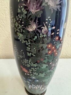 Antique Japanese Fine Deep Navy Blue Cloisonne Vase with Flowers Decoration