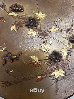 Antique Japanese Fine Pair of Mixed Metal Bronze Plates Trays Grasshopper Floral