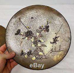 Antique Japanese Fine Pair of Mixed Metal Bronze Plates Trays Grasshopper Floral