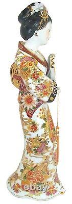 Antique Japanese Fine Porcelain Geisha with Fan, Real Gold Trim, 17.5 Tall