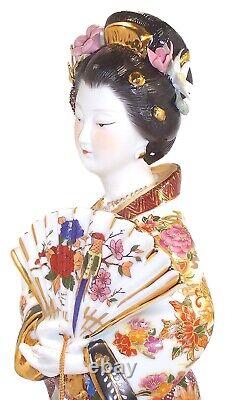 Antique Japanese Fine Porcelain Geisha with Fan, Real Gold Trim, 17.5 Tall