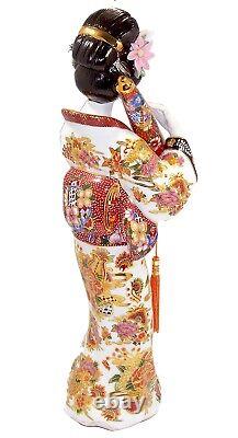 Antique Japanese Fine Porcelain Geisha with Parasol, Real Gold Trim, 17.5 Tall