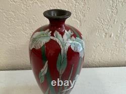 Antique Japanese Fine Red Cloisonne Vase with Iris Flowers Decoration