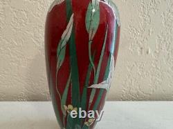 Antique Japanese Fine Red Cloisonne Vase with Iris Flowers Decoration