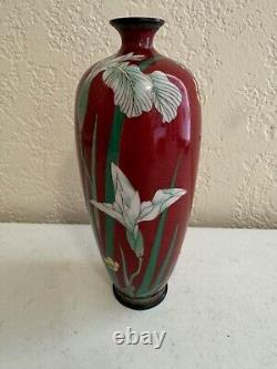 Antique Japanese Fine Red Cloisonne Vase with Iris Flowers Decoration