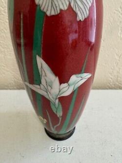 Antique Japanese Fine Red Cloisonne Vase with Iris Flowers Decoration