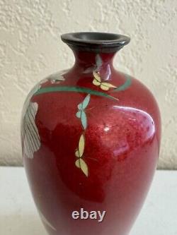 Antique Japanese Fine Red Cloisonne Vase with Iris Flowers Decoration