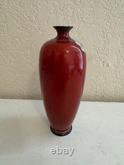 Antique Japanese Fine Red Cloisonne Vase with Iris Flowers Decoration