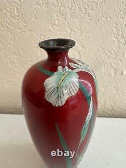 Antique Japanese Fine Red Cloisonne Vase with Iris Flowers Decoration