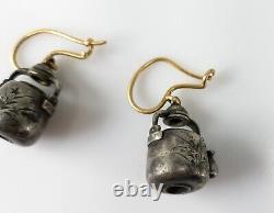 Antique Japanese Fine Shakudo Silver Kettle Teapot Ojime Bead Earrings