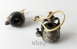 Antique Japanese Fine Shakudo Silver Kettle Teapot Ojime Bead Earrings