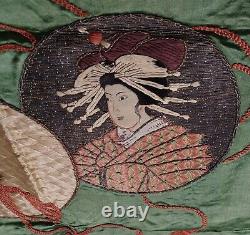 Antique Japanese Fine Silk Fukusa Embroidery Geisha Green 28 X 28 Stunning