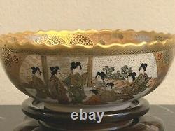 Antique Japanese Finely Decorated Satsuma Bowl on Wood Stand