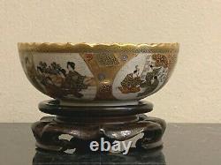 Antique Japanese Finely Decorated Satsuma Bowl on Wood Stand