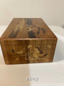 Antique Japanese Finely Inlaid Parquetry Box With Mt Fuji And Secret Compartment