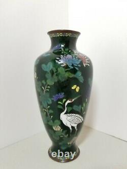 Antique Japanese Meiji Period Fine Cloisonne Stork Birds Floral Green Foil Vase