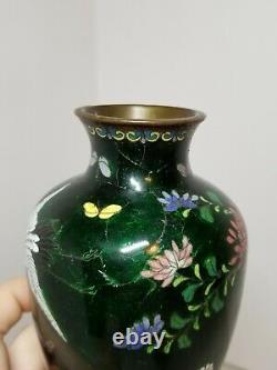 Antique Japanese Meiji Period Fine Cloisonne Stork Birds Floral Green Foil Vase