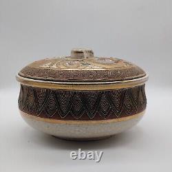 Antique Japanese Meiji Satsuma Lidded Bowl Fine Decor Signed Vintage Japan