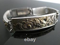 Antique Japanese Menuki Shakudo BIRD & ANIMAL Sterling Meiji Era Linked Bracelet