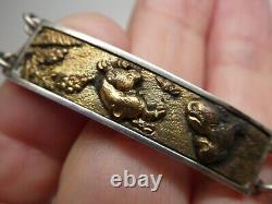 Antique Japanese Menuki Shakudo BIRD & ANIMAL Sterling Meiji Era Linked Bracelet