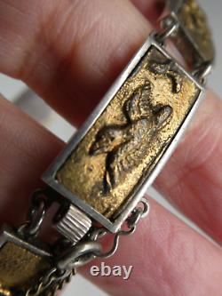 Antique Japanese Menuki Shakudo BIRD & ANIMAL Sterling Meiji Era Linked Bracelet