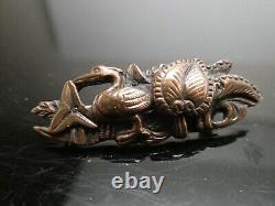 Antique Japanese Menuki Shakudo Bird Flower Meiji Era Sterling Brooch