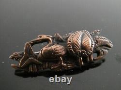 Antique Japanese Menuki Shakudo Bird Flower Meiji Era Sterling Brooch