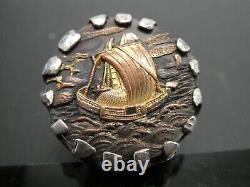 Antique Japanese Menuki Shakudo Sea Sailing SHIP Sterling 925 Meiji Era RING 7.5