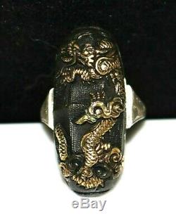 Antique Japanese Mixed Metals DRAGON Shakudo Ring, Sterling Setting, Size 8.25