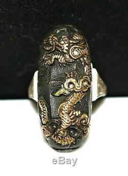 Antique Japanese Mixed Metals DRAGON Shakudo Ring, Sterling Setting, Size 8.25