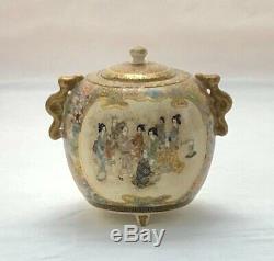 Antique Japanese Petite Meiji Period Satsuma Finely Painted Round Jar withHandles