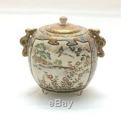 Antique Japanese Petite Meiji Period Satsuma Finely Painted Round Jar withHandles