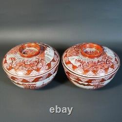 Antique Japanese Porcelain Lidded Rice Bowls Fine Handpainted Scenery Gold Gilt