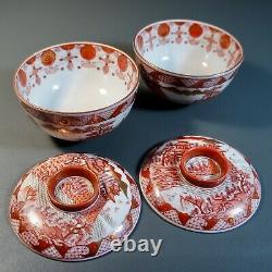 Antique Japanese Porcelain Lidded Rice Bowls Fine Handpainted Scenery Gold Gilt