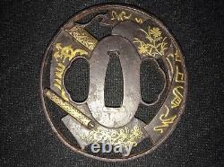 Antique Japanese Samurai Sword TSUBA -Old Guard Fine GOLD KANJI -Collection