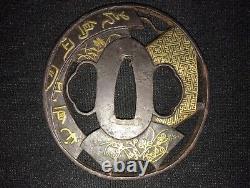 Antique Japanese Samurai Sword TSUBA -Old Guard Fine GOLD KANJI -Collection