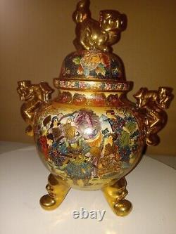 Antique Japanese Satsuma Moriage Koro Censer With Lid Gold Dragon Handles 13.5 T