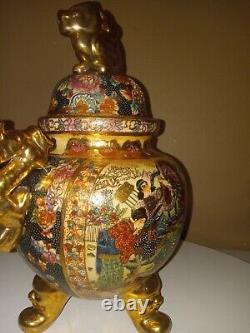 Antique Japanese Satsuma Moriage Koro Censer With Lid Gold Dragon Handles 13.5 T