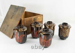 Antique Japanese Set of 5 Fine Lacquer Tea Cups Pine Box Signed Calligraphy