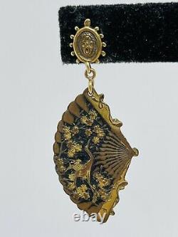 Antique Japanese Shakudo 14k Gold Mixed Metal Crane Floral Fan Dangle Earrings